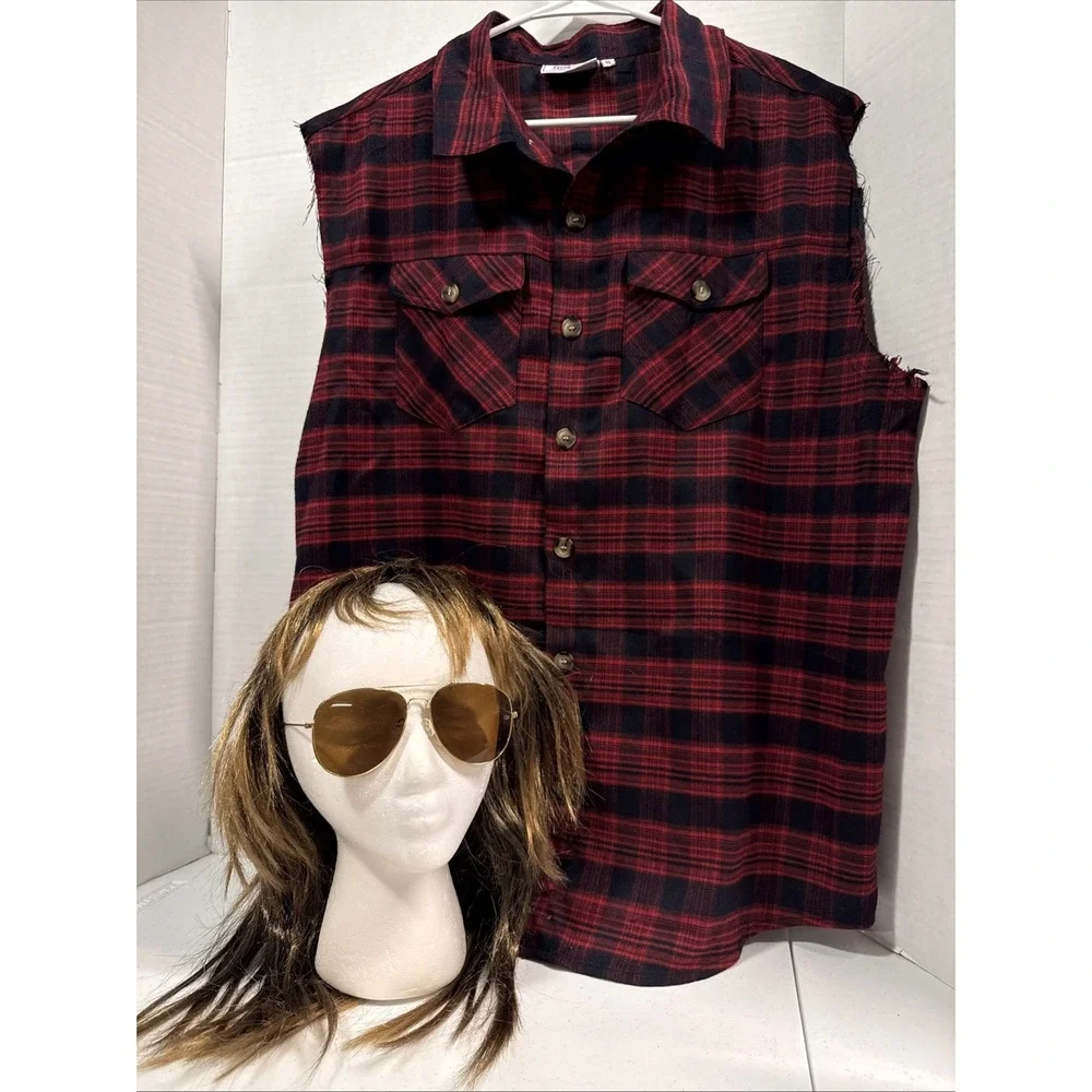 Men's Redneck XL Costume, Cut Off Flannel, Mollett Wig/ Glasses